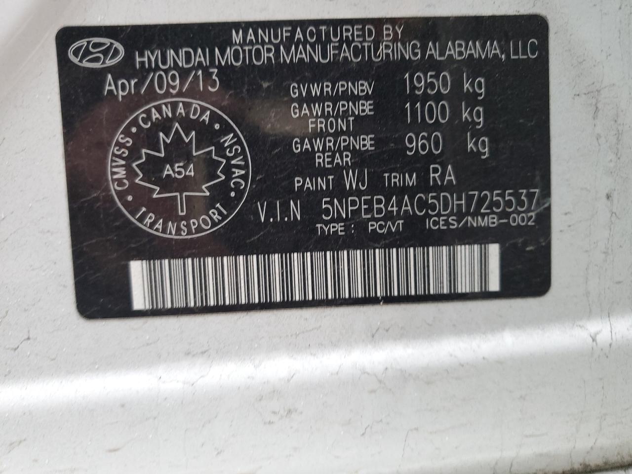 2013 Hyundai Sonata VIN 5NPEB4AC5DH725537 Copart auction photo, front end damage thumbnail 12