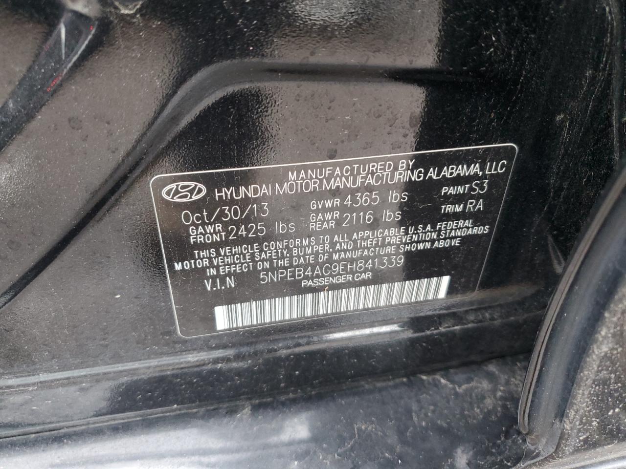 2014 Hyundai Sonata VIN 5NPEB4AC9EH841339 Copart auction photo, side / rear end damage thumbnail 12