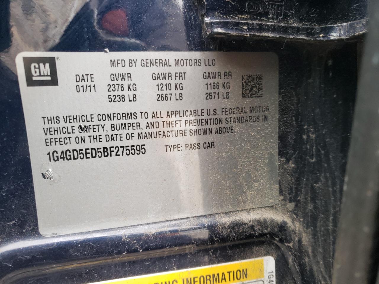 2011 Buick LaCrosse VIN 1G4GD5ED5BF275595 Copart auction photo, front end / undercarriage damage thumbnail 12