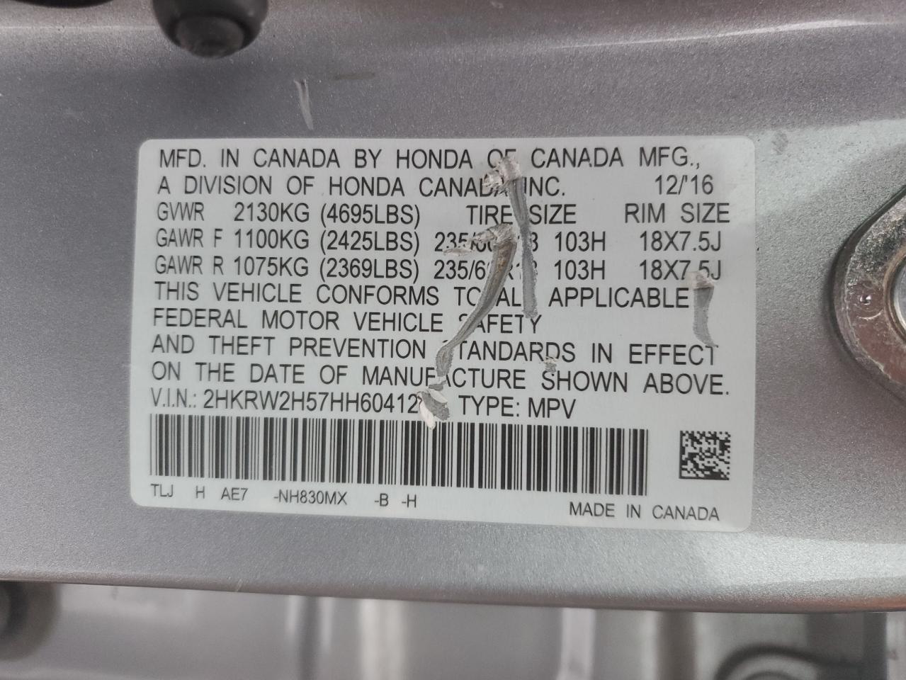 2017 Honda CR-V VIN 2HKRW2H57HH604127 Copart auction photo, side damage thumbnail 13
