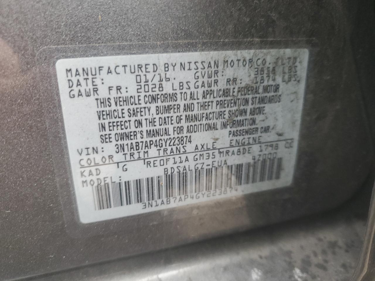 2016 Nissan Sentra VIN 3N1AB7AP4GY223874 Copart auction photo, front end / minor dent/scratches damage thumbnail 12