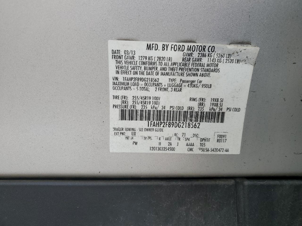 2013 Ford Taurus VIN 1FAHP2F89DG218562 Copart auction photo, front end damage thumbnail 12
