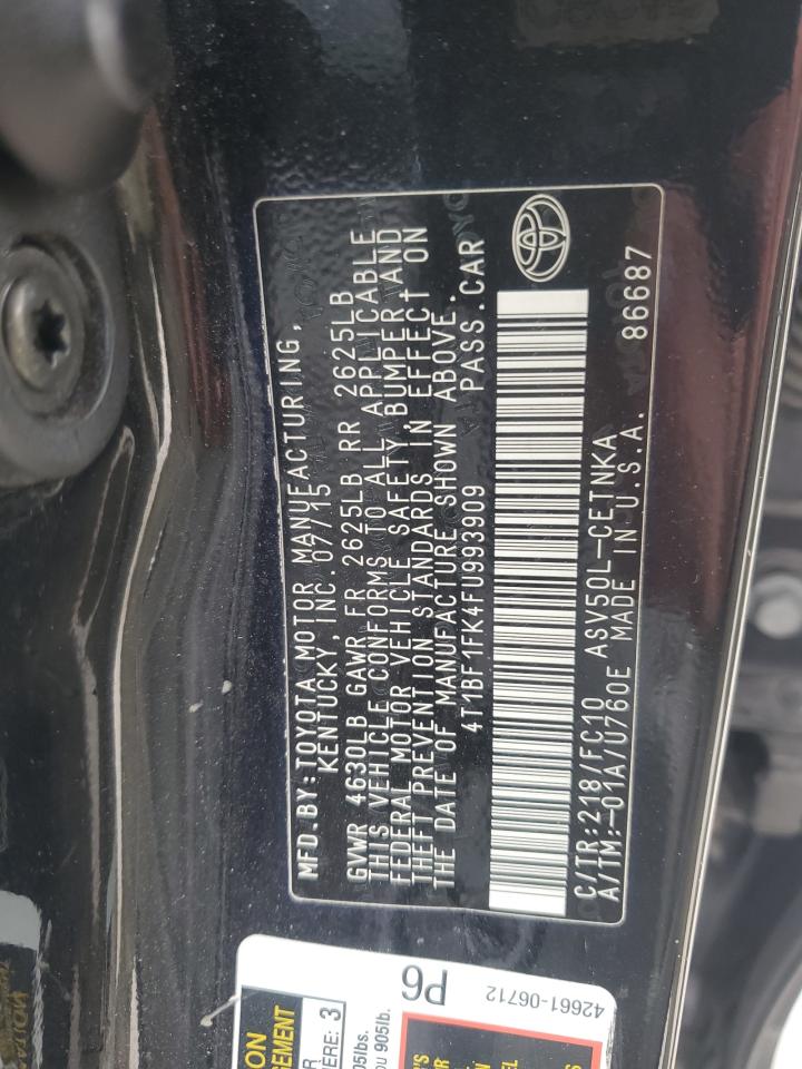 2015 Toyota Camry VIN 4T1BF1FK4FU993909 Copart auction photo, front end / minor dent/scratches damage thumbnail 12