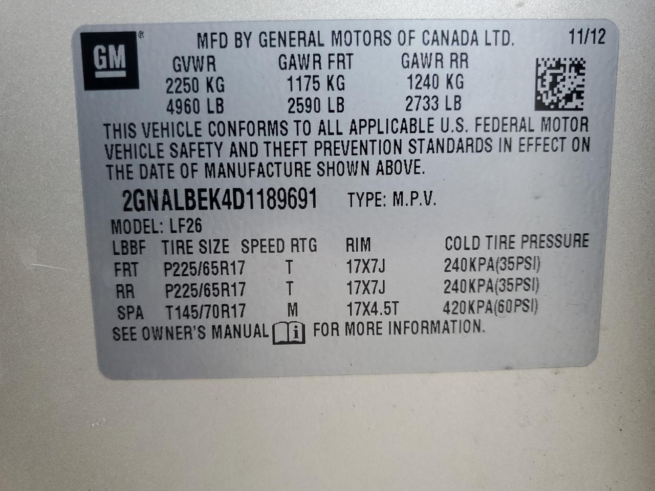 2013 Chevrolet Equinox VIN 2GNALBEK4D1189691 Copart auction photo, front end damage thumbnail 13
