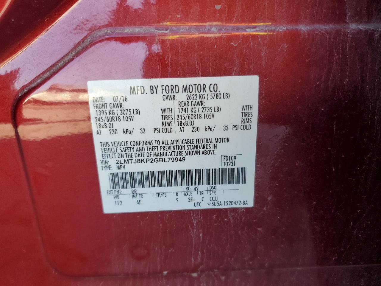 2016 Lincoln MKX VIN 2LMTJ8KP2GBL79949 Copart auction photo, side / front end damage thumbnail 13