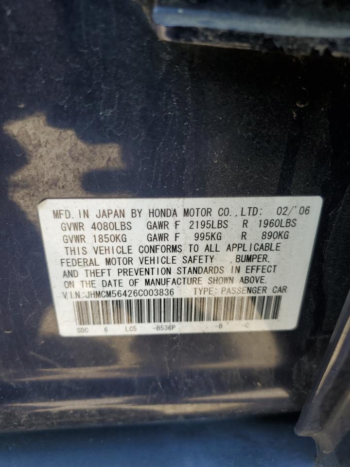 2006 Honda Accord VIN JHMCM56426C003836 Copart auction photo, all over / undercarriage damage thumbnail 13