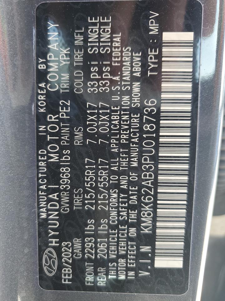 2023 Hyundai Kona VIN KM8K62AB3PU018736 Copart auction photo, front end / side damage thumbnail 15