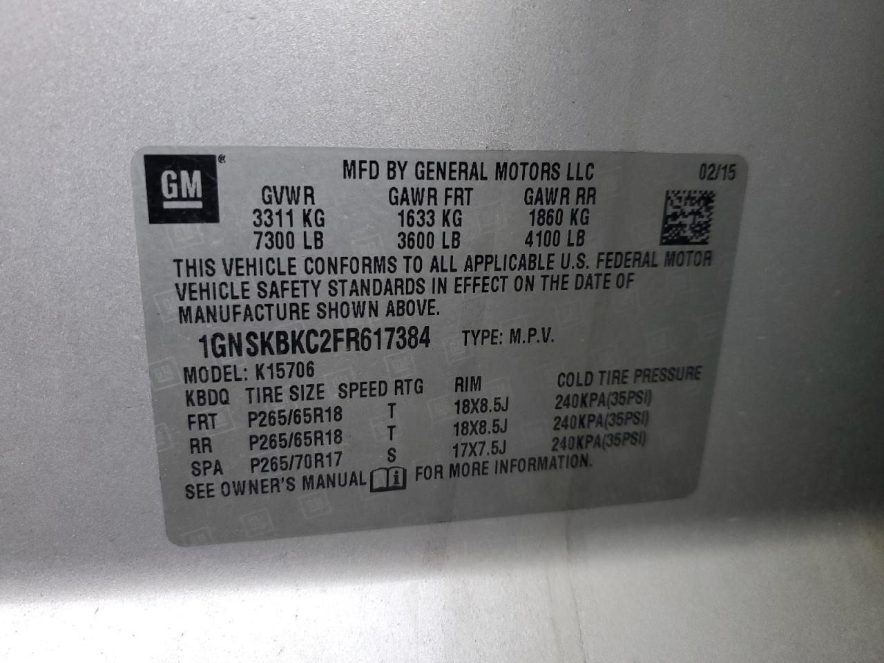 2015 Chevrolet Tahoe VIN 1GNSKBKC2FR617384 Copart auction photo, unknown damage thumbnail 12