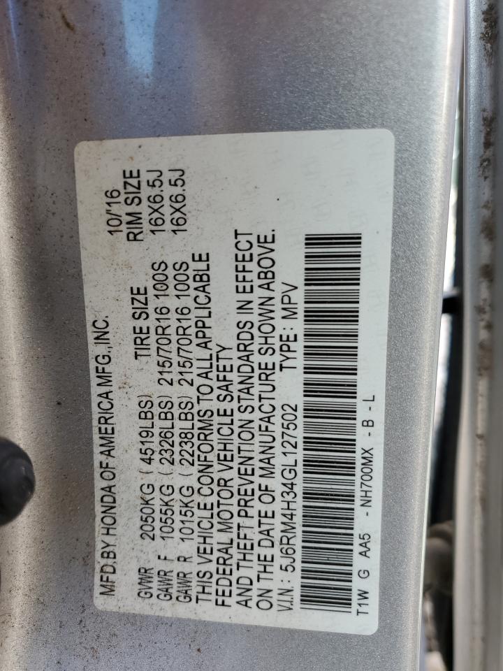 2016 Honda CR-V VIN 5J6RM4H34GL127502 Copart auction photo, side / minor dent/scratches damage thumbnail 14