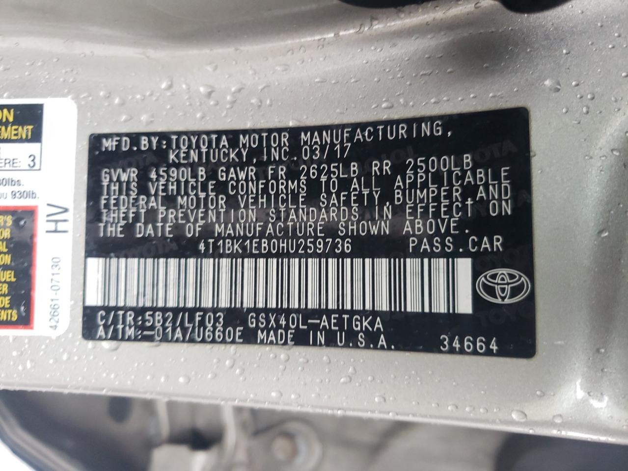 2017 Toyota Avalon VIN 4T1BK1EB0HU259736 Copart auction photo, all over / frame damage damage thumbnail 14