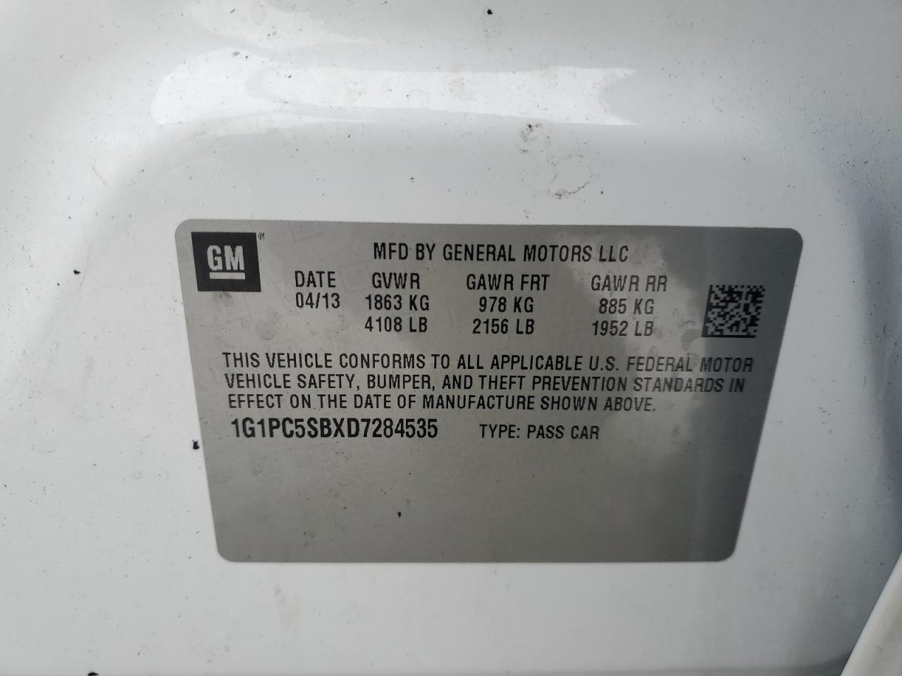 2013 Chevrolet Cruze VIN 1G1PC5SBXD7284535 Copart auction photo, burn damage thumbnail 13