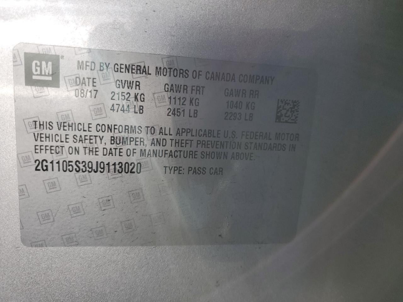 2018 Chevrolet Impala VIN 2G1105S39J9113020 Copart auction photo, rear end / front end damage thumbnail 12