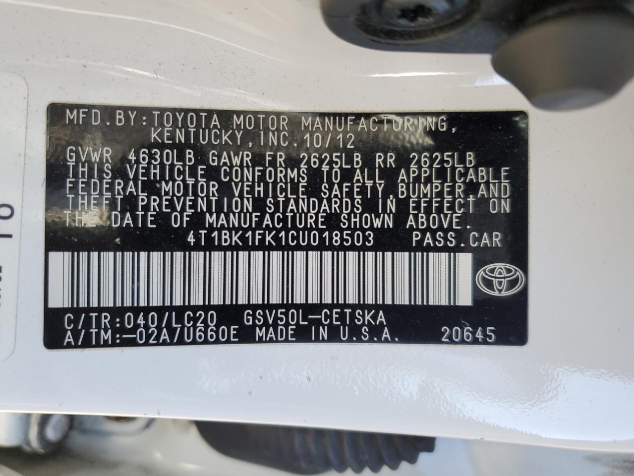 2012 Toyota Camry VIN 4T1BK1FK1CU018503 Copart auction photo, front end / side damage thumbnail 14