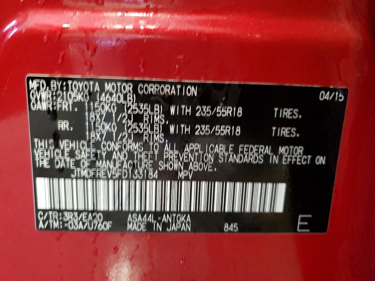 2015 Toyota RAV 4 VIN JTMDFREV5FD133184 Copart auction photo, hail / rear end damage thumbnail 13