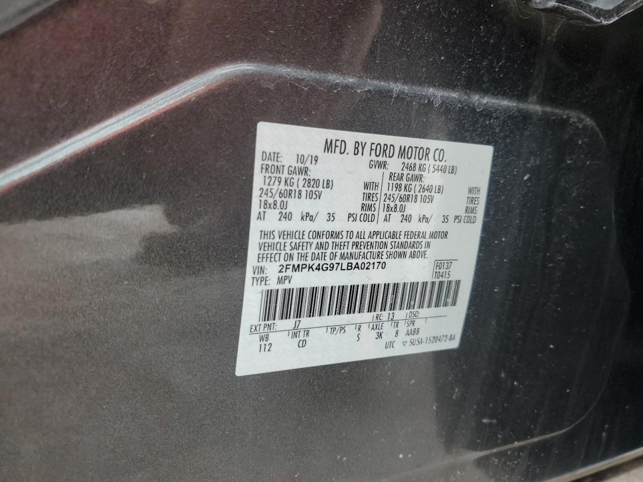 2020 Ford Edge VIN 2FMPK4G97LBA02170 Copart auction photo, rear end damage thumbnail 14