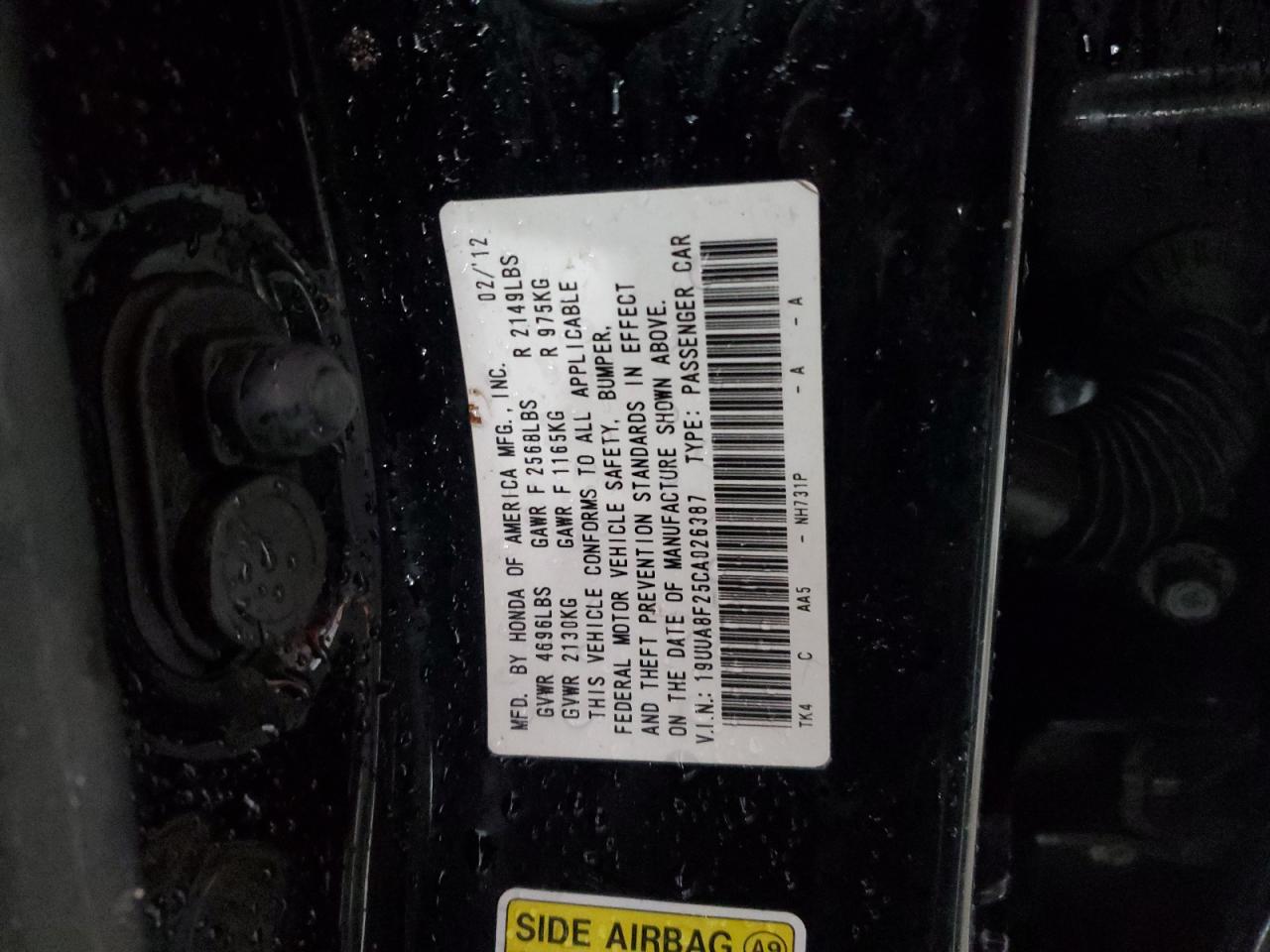 2012 Acura TL VIN 19UUA8F25CA026387 Copart auction photo, side / front end damage thumbnail 12