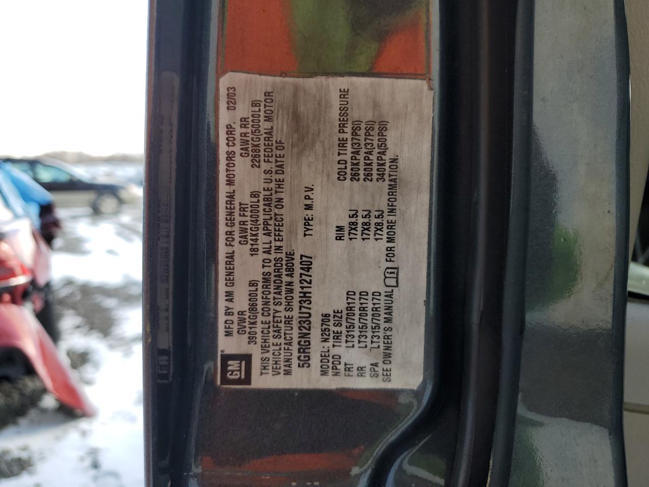 2003 Hummer H2 VIN 5GRGN23U73H127407 Copart auction photo, side / rear end damage thumbnail 13
