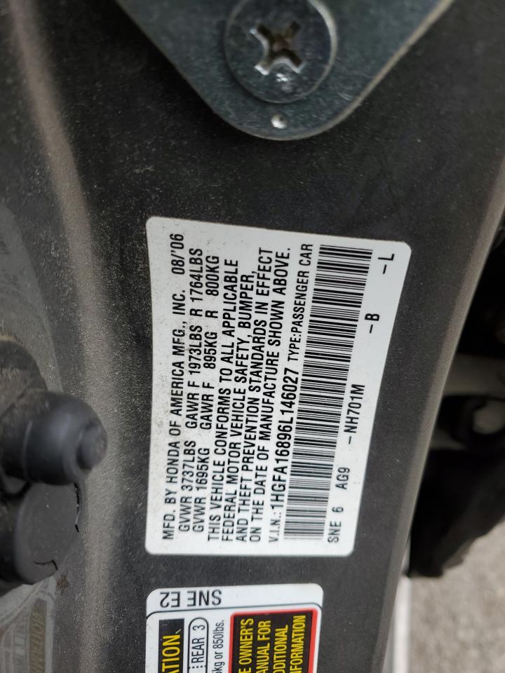 2006 Honda Civic VIN 1HGFA16896L146027 Copart auction photo, rear end damage thumbnail 12