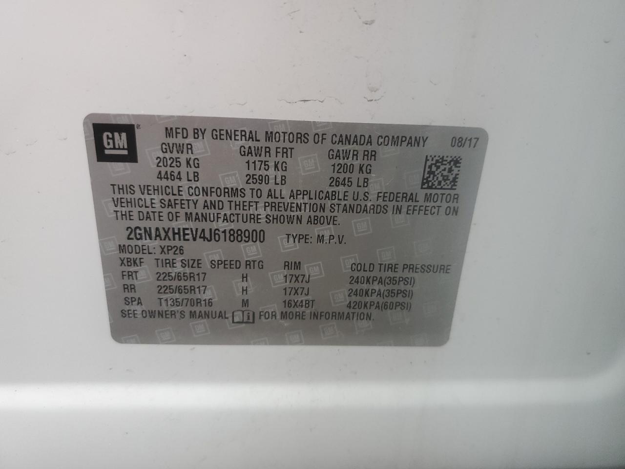 2018 Chevrolet Equinox VIN 2GNAXHEV4J6188900 Copart auction photo, rear end / front end damage thumbnail 13