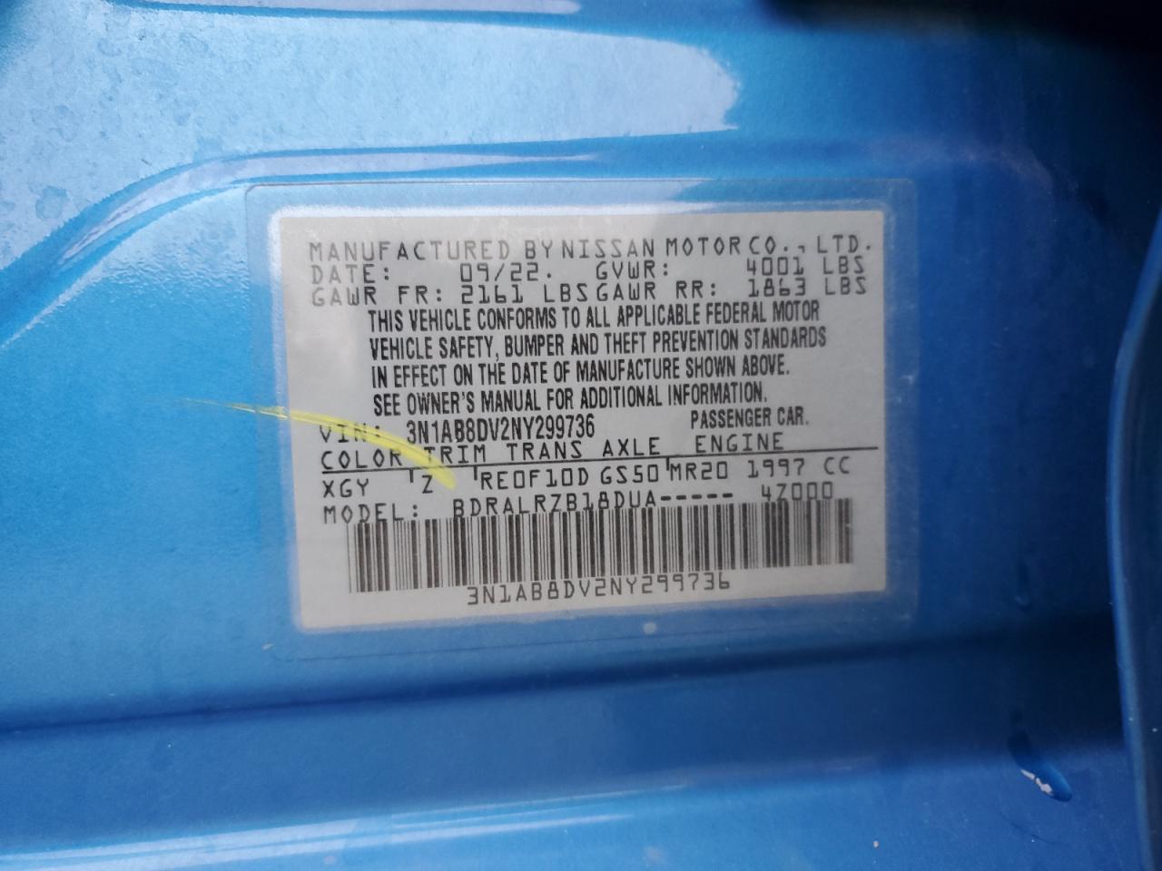 2022 Nissan Sentra VIN 3N1AB8DV2NY299736 Copart auction photo, front end damage thumbnail 14