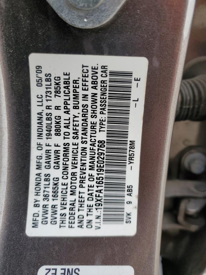 2009 Honda Civic VIN 19XFA16519E029768 Copart auction photo, front end / minor dent/scratches damage thumbnail 12