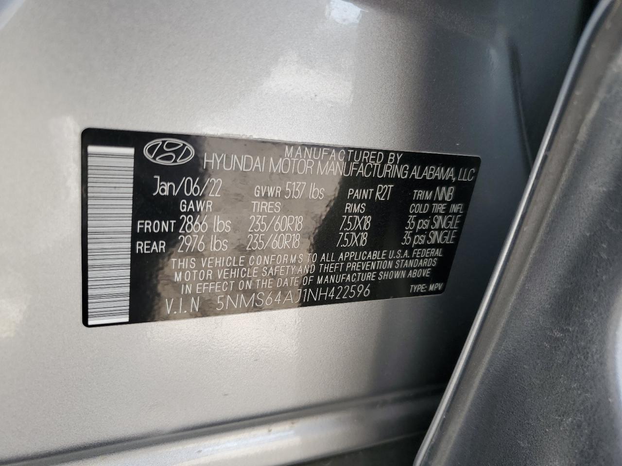 2022 Hyundai Santa Fe VIN 5NMS64AJ1NH422596 Copart auction photo, rear end / minor dent/scratches damage thumbnail 14