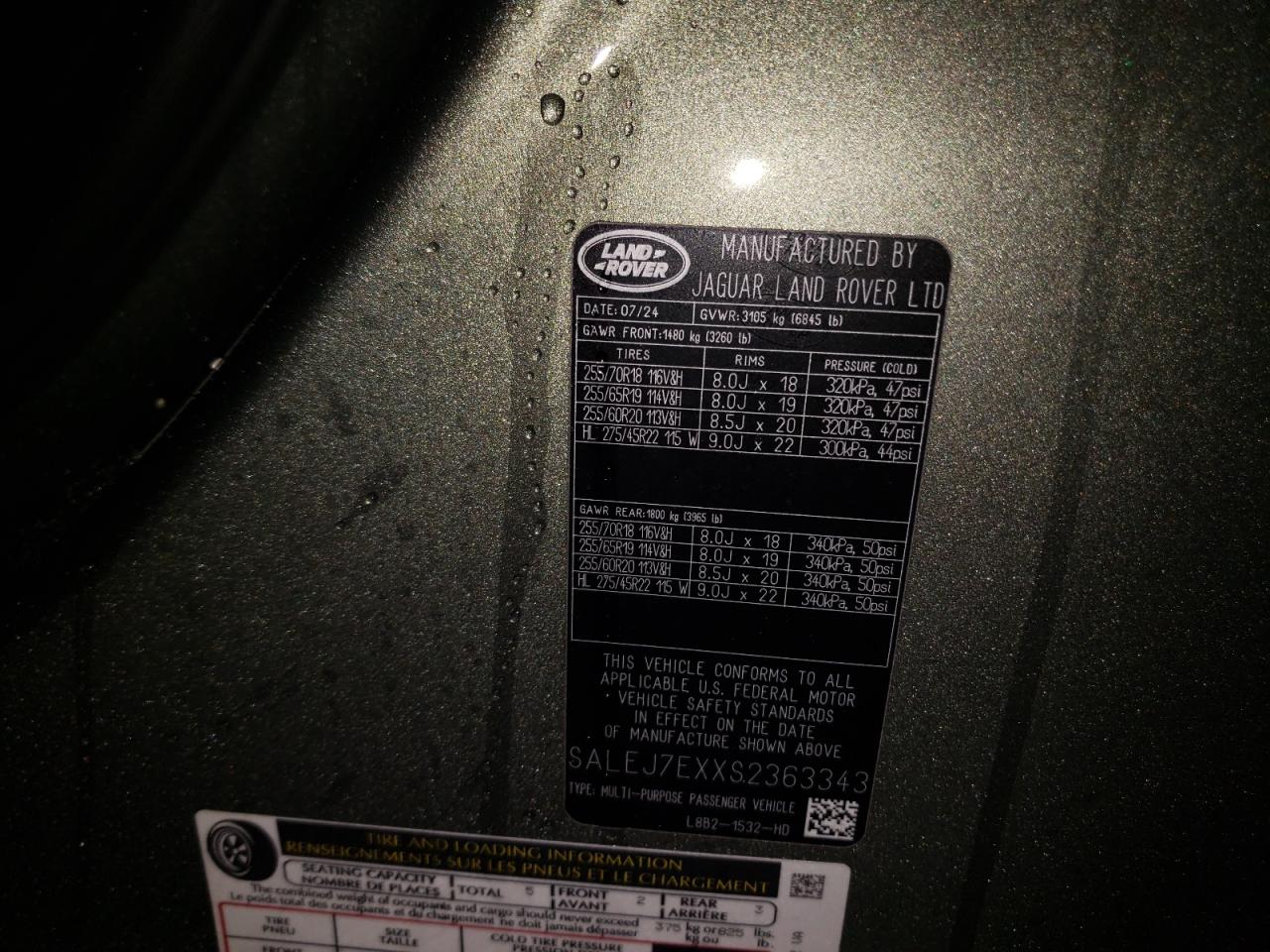 2025 Land Rover Defender VIN SALEJ7EXXS2363343 Copart auction photo, front end damage thumbnail 13