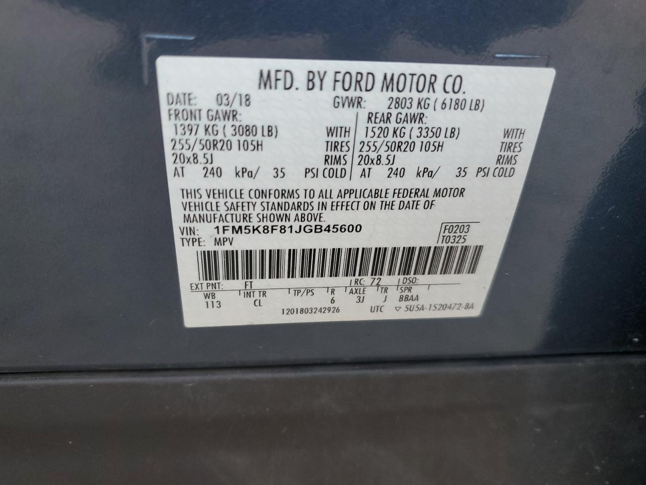 2018 Ford Explorer VIN 1FM5K8F81JGB45600 Copart auction photo, front end damage thumbnail 14