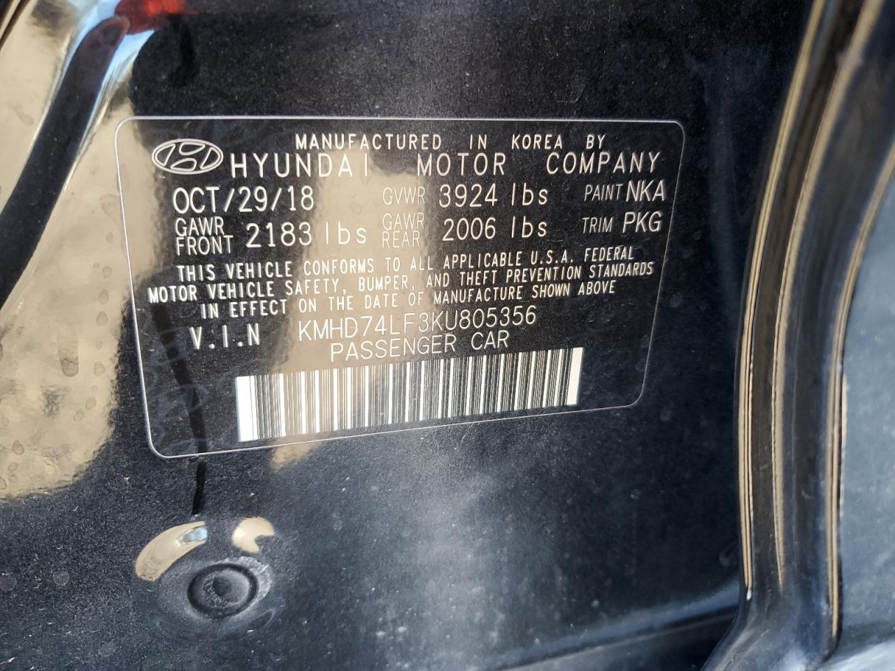 2019 Hyundai Elantra VIN KMHD74LF3KU805356 Copart auction photo, all over / undercarriage damage thumbnail 13