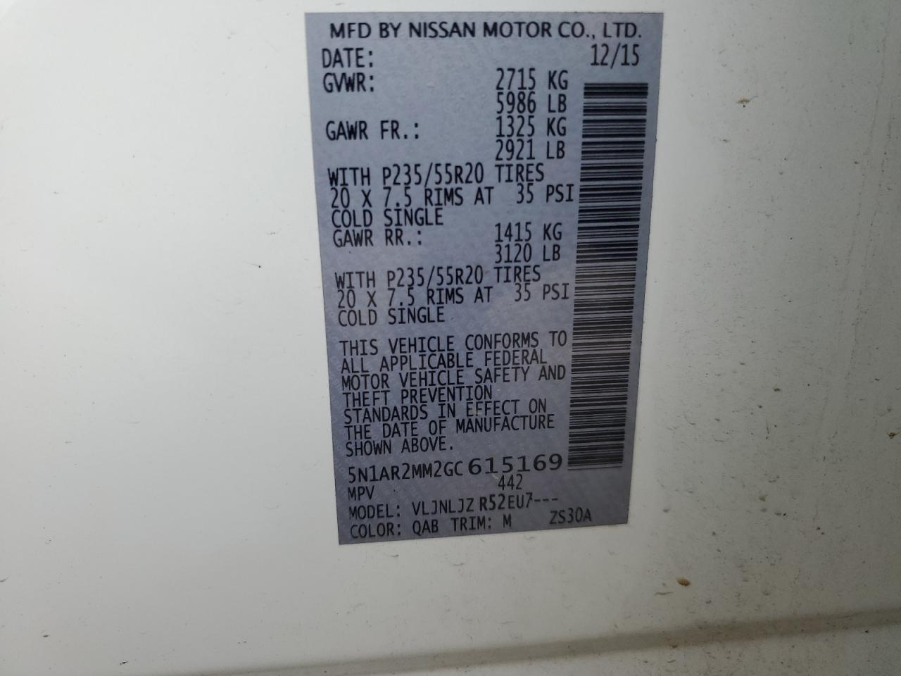 2016 Nissan Pathfinder VIN 5N1AR2MM2GC615169 Copart auction photo, front end damage thumbnail 13