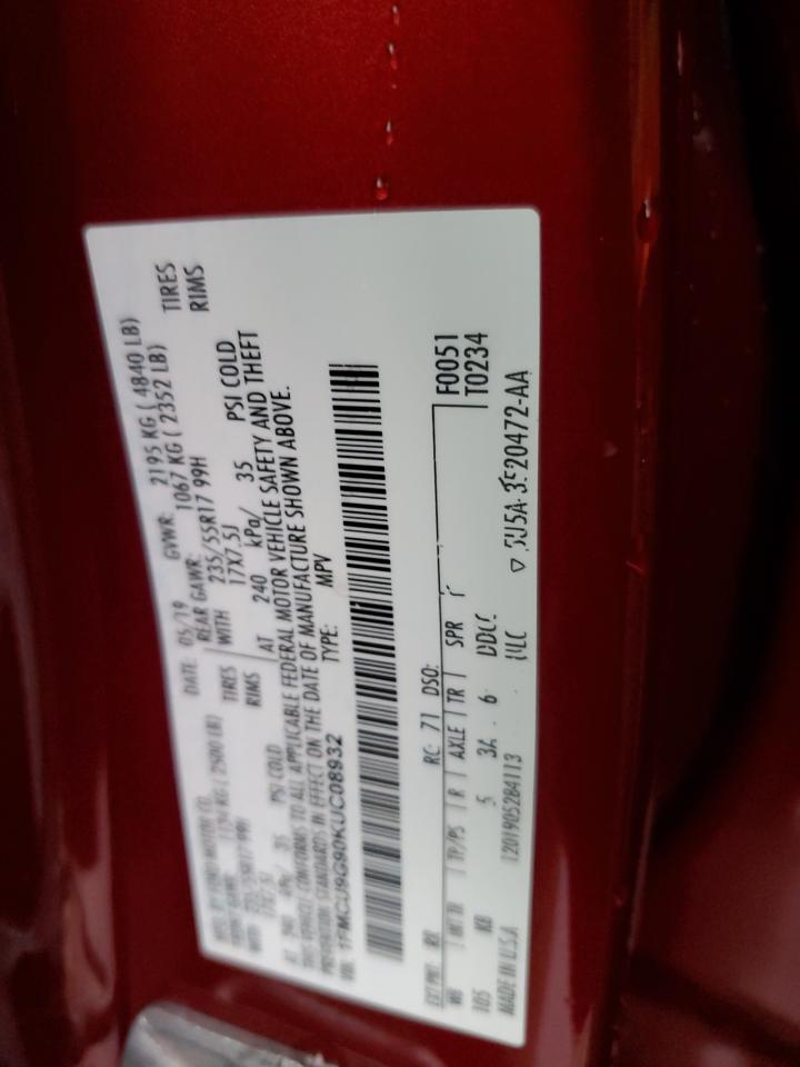 2019 Ford Escape VIN 1FMCU9G90KUC08932 Copart auction photo, front end damage thumbnail 13