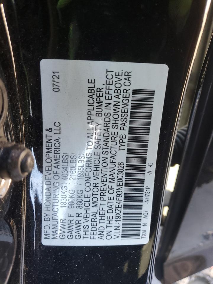 2022 Honda Insight VIN 19XZE4F93NE003026 Copart auction photo, front end damage thumbnail 12
