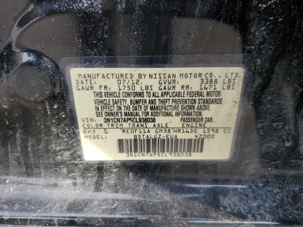 2012 Nissan Versa VIN 3N1CN7AP5CL938038 Copart auction photo, rear end / front end damage thumbnail 13