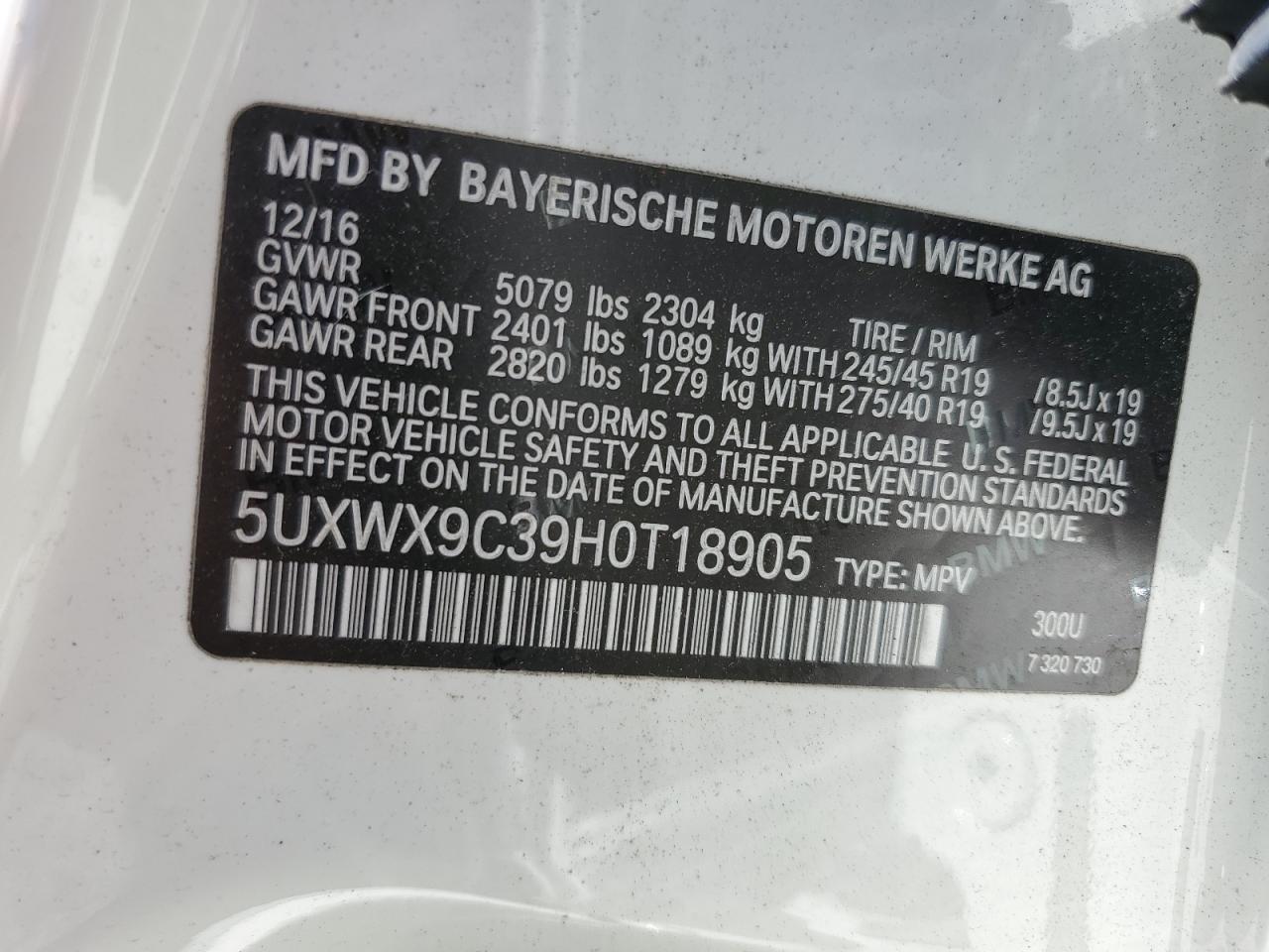 2017 BMW X3 VIN 5UXWX9C39H0T18905 Copart auction photo, top/roof / front end damage thumbnail 13