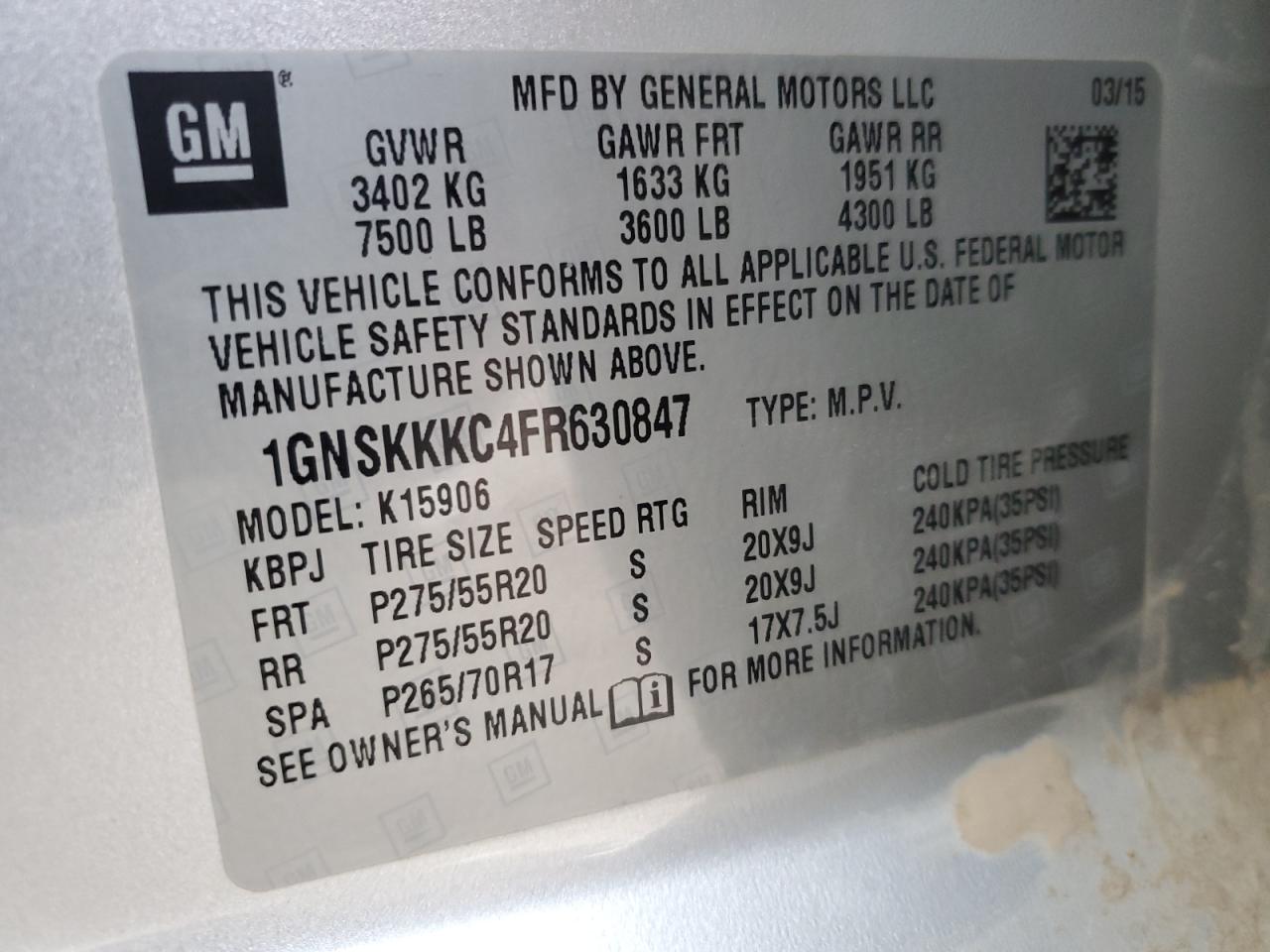 2015 Chevrolet Suburban VIN 1GNSKKKC4FR630847 Copart auction photo, front end / rear end damage thumbnail 16