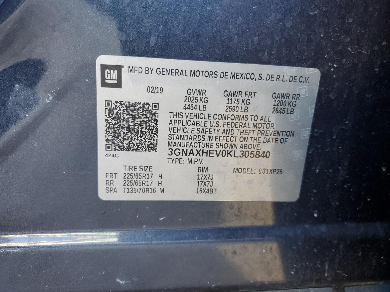 2019 Chevrolet Equinox VIN 3GNAXHEV0KL305840 Copart auction photo, side damage thumbnail 13