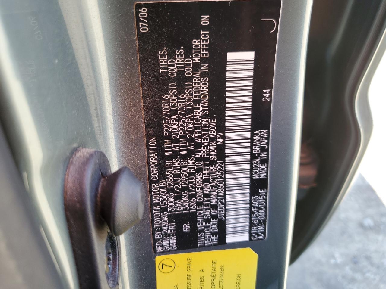 2006 Toyota Highlander VIN JTEDP21A860125221 Copart auction photo, front end damage thumbnail 15