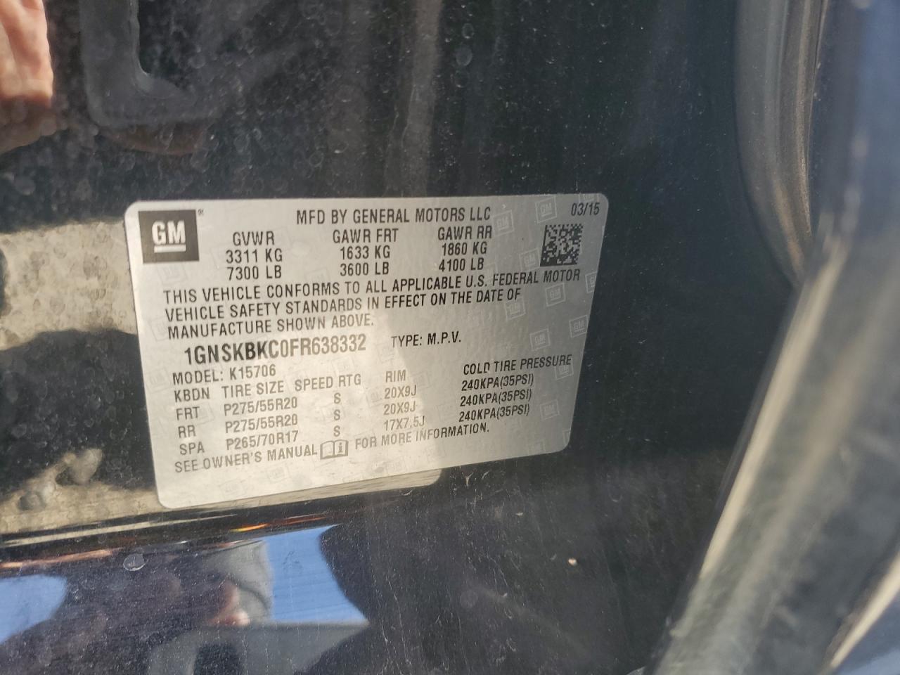 2015 Chevrolet Tahoe VIN 1GNSKBKC0FR638332 Copart auction photo, front end / minor dent/scratches damage thumbnail 13
