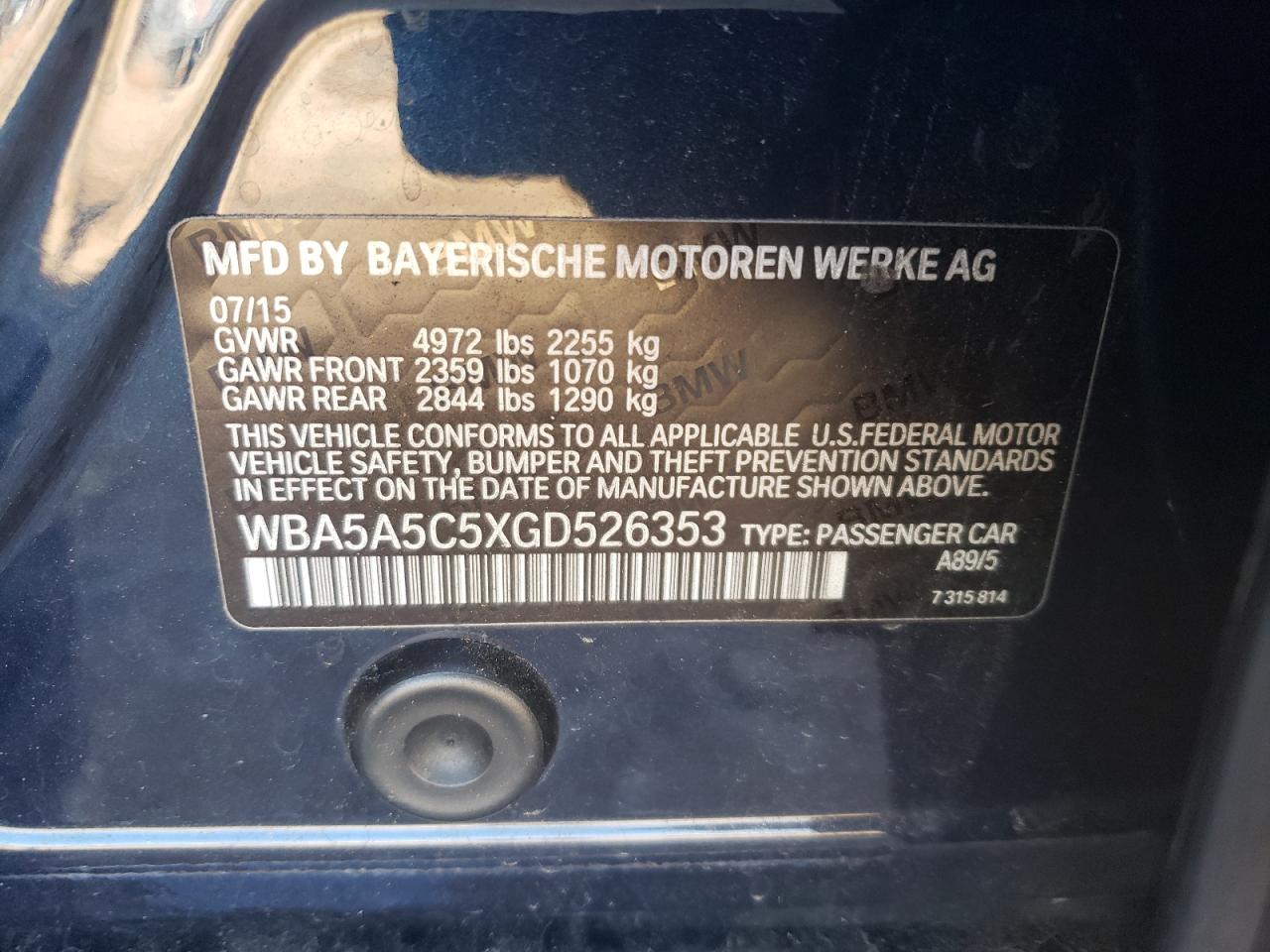 2016 BMW 5er VIN WBA5A5C5XGD526353 Copart auction photo, front end damage thumbnail 12