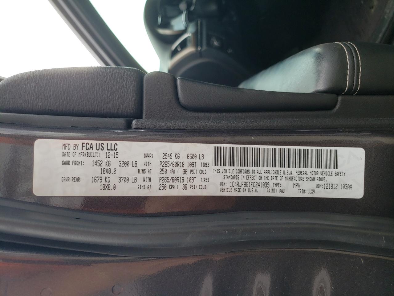 2015 Jeep Grand Cherokee VIN 1C4RJFBG1FC241039 Copart auction photo, vandalism / front end damage thumbnail 13