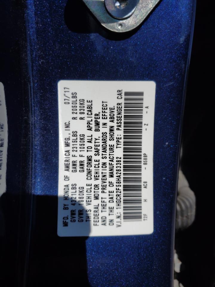 2017 Honda Accord VIN 1HGCR2F58HA263362 Copart auction photo, front end / rear end damage thumbnail 14