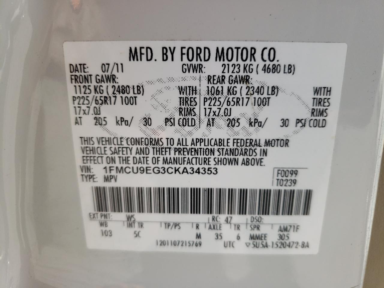 2012 Ford Escape VIN 1FMCU9EG3CKA34353 Copart auction photo, rear end / minor dent/scratches damage thumbnail 13