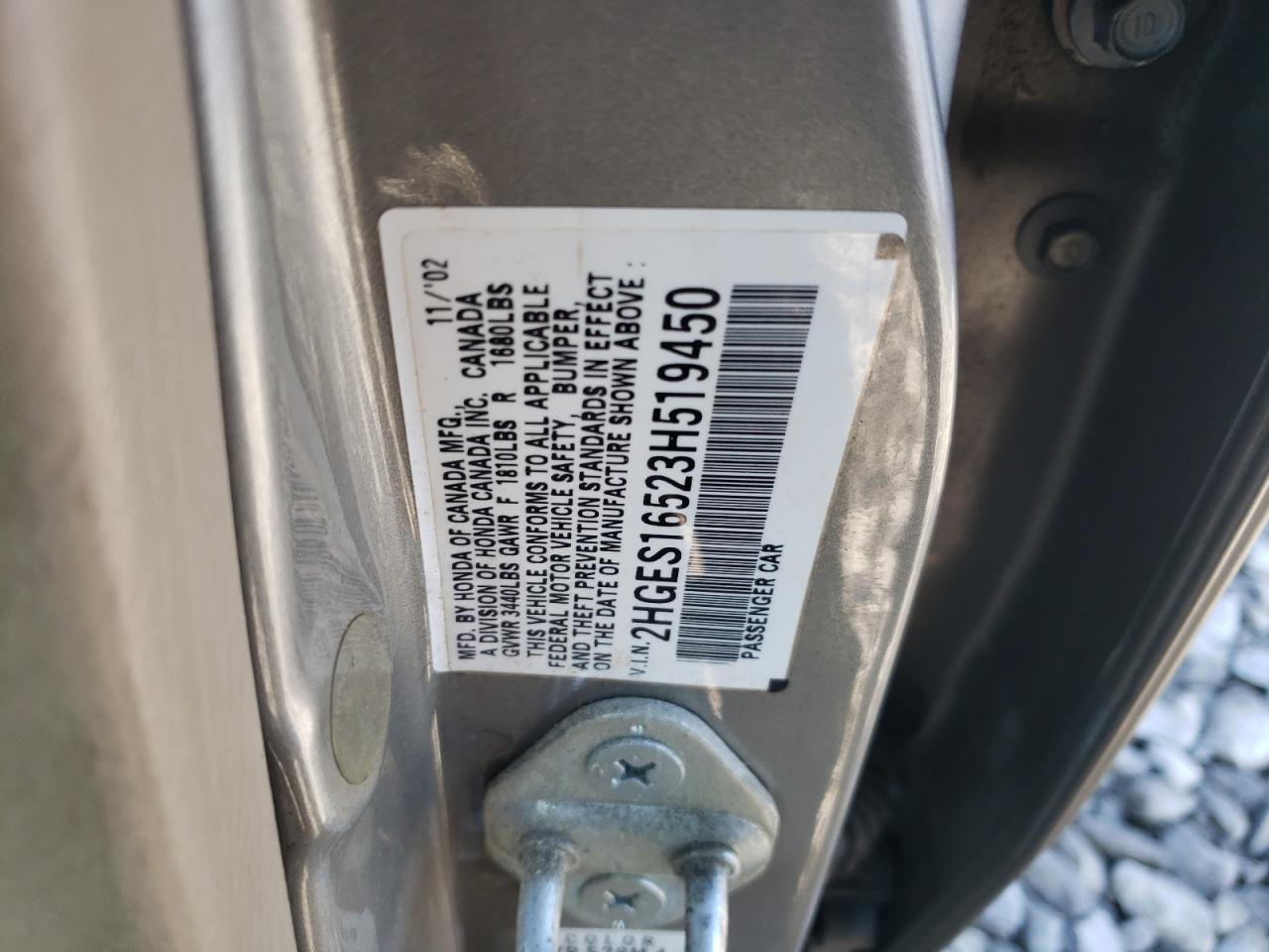 2003 Honda Civic VIN 2HGES16523H519450 Copart auction photo, minor dent/scratches damage thumbnail 12