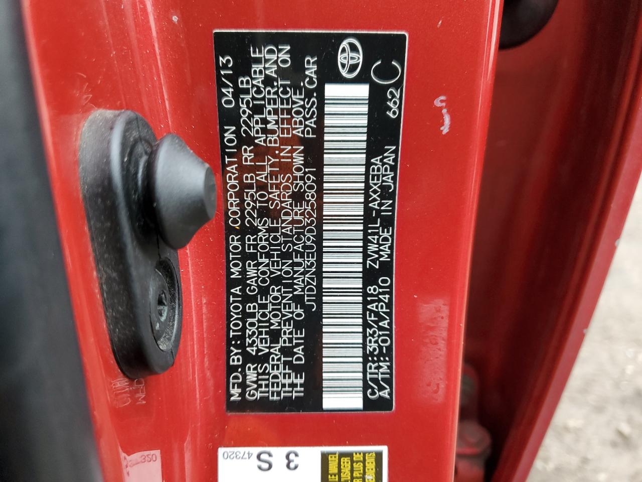 2013 Toyota Prius VIN JTDZN3EU9D3258091 Copart auction photo, side / front end damage thumbnail 12