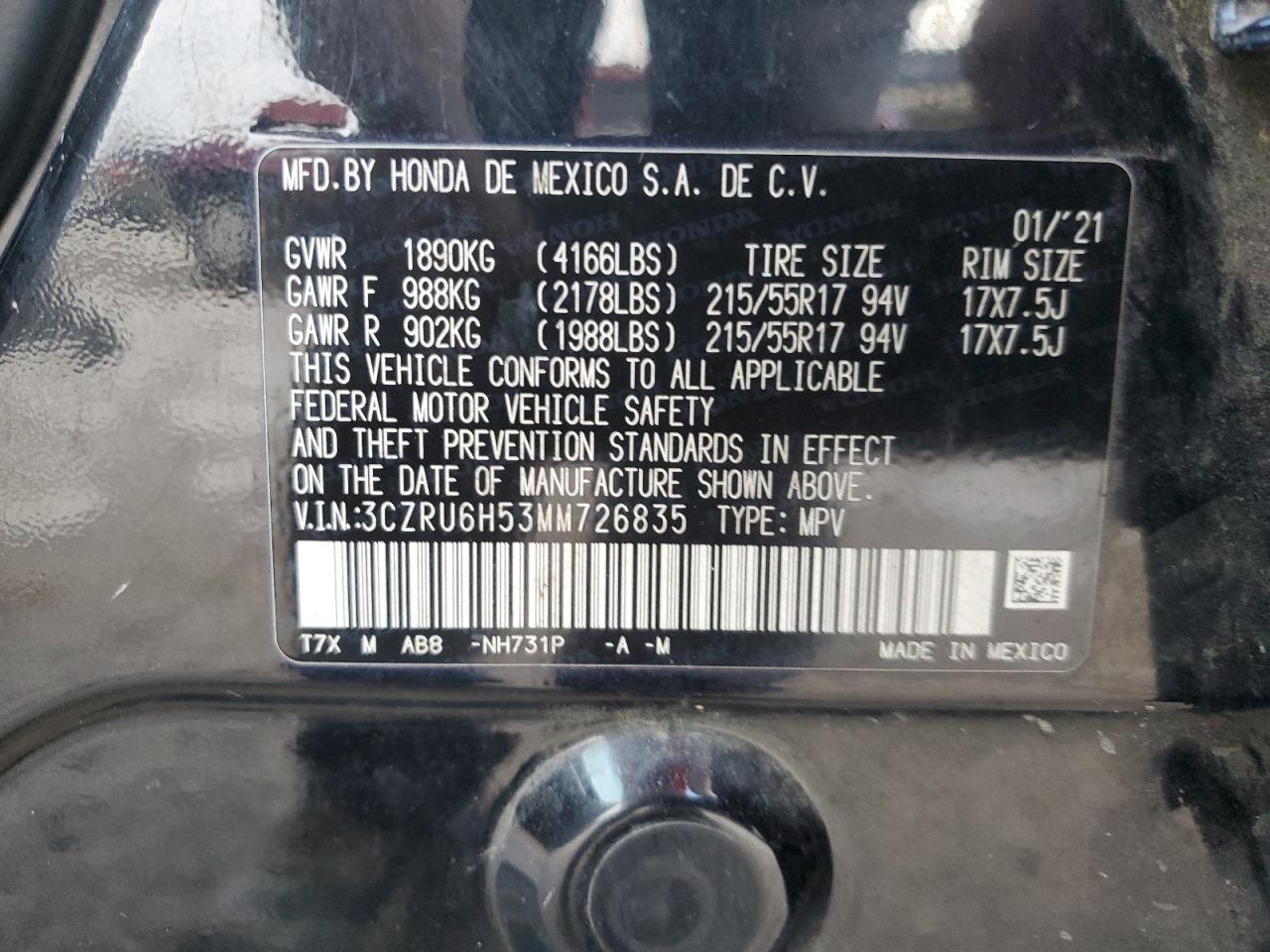 2021 Honda HR-V VIN 3CZRU6H53MM726835 Copart auction photo, front end / side damage thumbnail 15