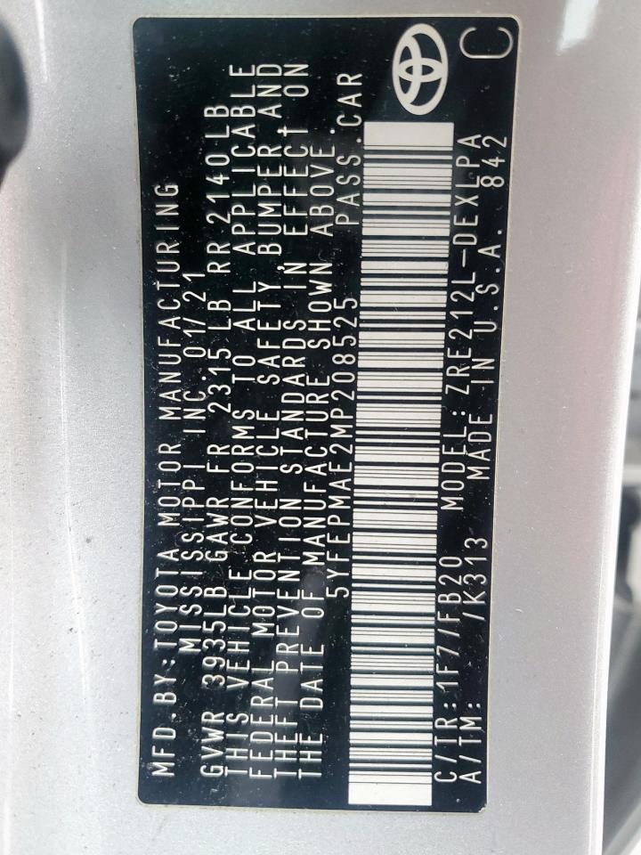 2021 Toyota Corolla VIN 5YFEPMAE2MP208525 Copart auction photo, side / rear end damage thumbnail 12