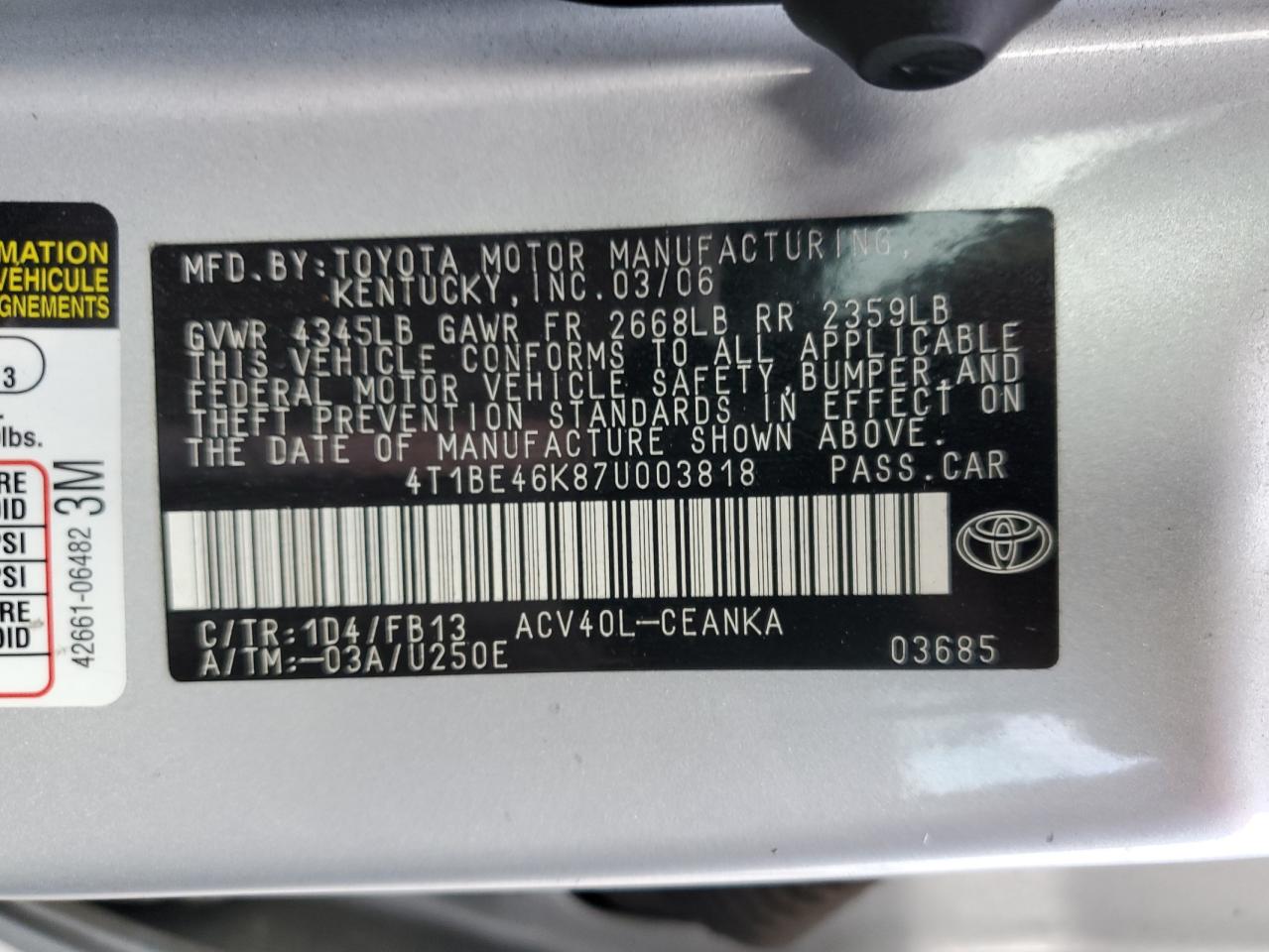2007 Toyota Camry VIN 4T1BE46K87U003818 Copart auction photo, mechanical damage thumbnail 12