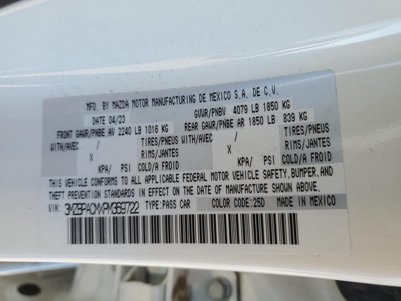 2023 Mazda 3 VIN 3MZBPACMXPM369722 Copart auction photo, front end damage thumbnail 12