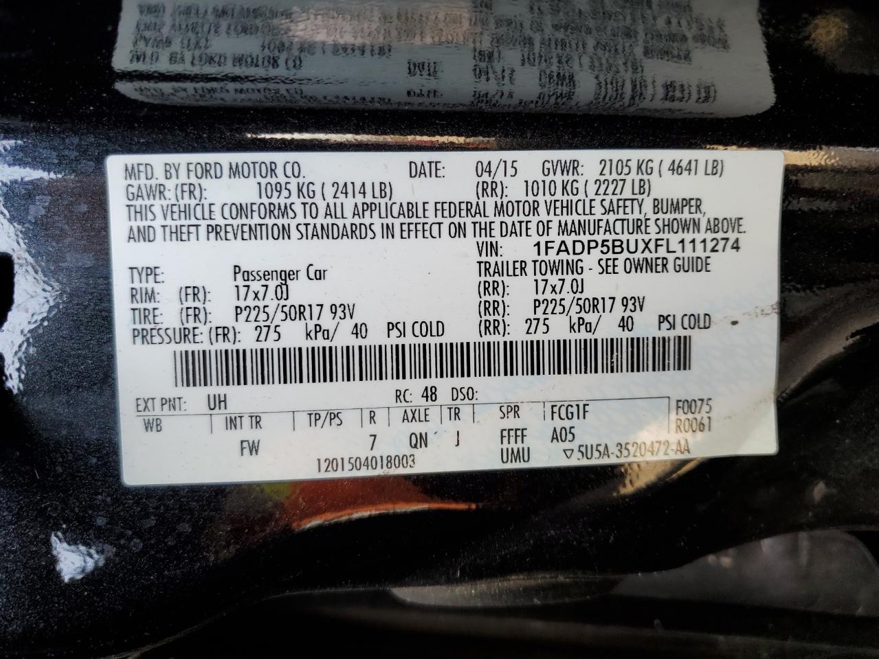 2015 Ford C-MAX VIN 1FADP5BUXFL111274 Copart auction photo, side / front end damage thumbnail 12