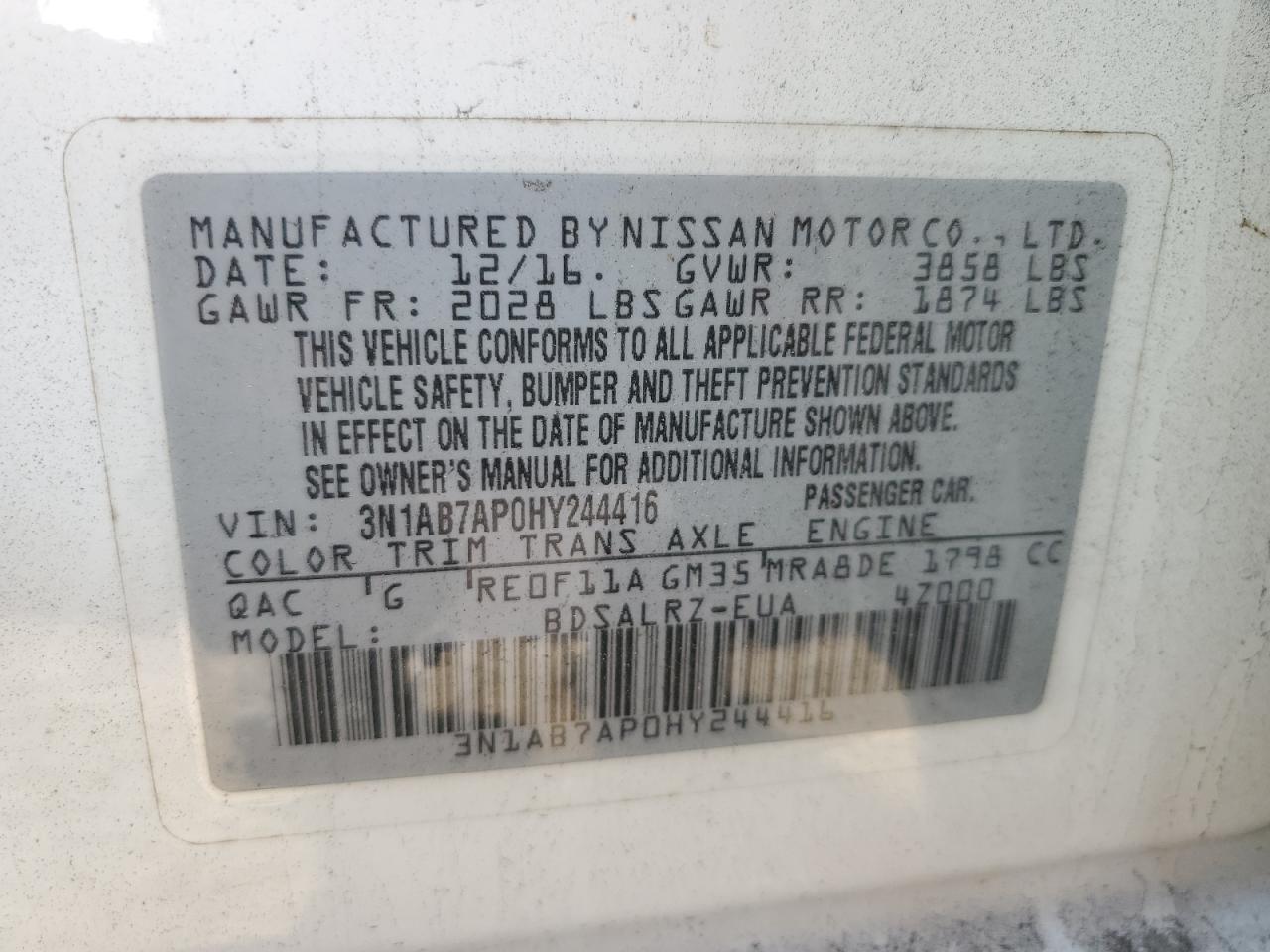2017 Nissan Sentra VIN 3N1AB7AP0HY244416 Copart auction photo, all over damage thumbnail 12